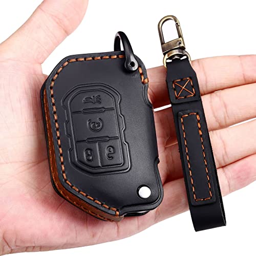 EASYANT Leather Car Key Fob Cover for Jeep Gladiator Wrangler Sahara Black