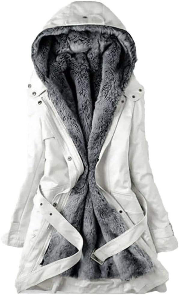 Women Warm Coats Thicken Hooded Parka Medium Length Jackets Solid Zipper Coat with Belt