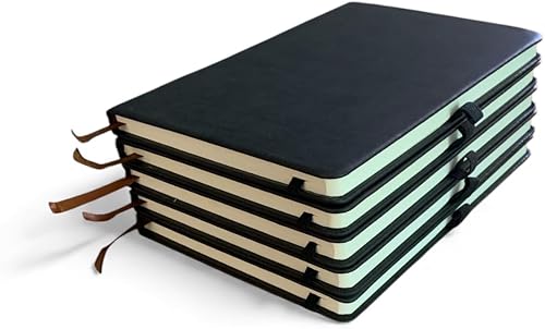 A5 Hardcover Notebooks with Ribbon Bookmarks, Black, Lined Pages, Pack of 5