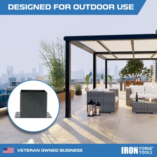Image of Iron Forge Tools 6x6 Post Base for Concrete, 4 Pack - Black, 5.6 x 5.6 Inch | Heavy Duty Steel Fence Post Anchors, For Wood Deck, Fence, Porch, Railing or Pergola