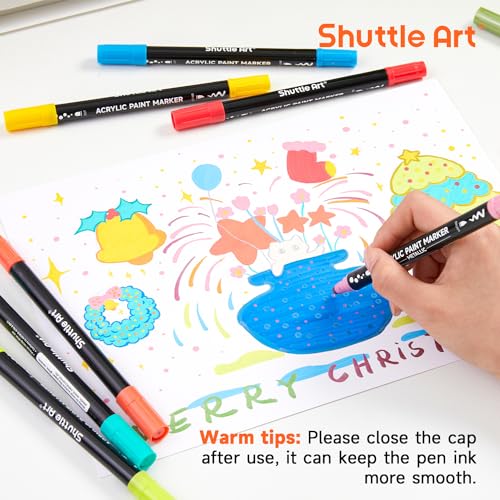 Image of Shuttle Art 28 Colors Dual Tip Acrylic Paint Markers, Brush Tip and Dot Tip Acrylic Paint Pens for Rock, Ceramic, Wood, Canvas, Plastic, Glass, Stone, Calligraphy, Card Making, DIY Football Crafts