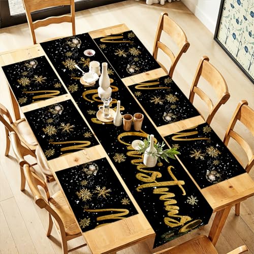 LEIWEIHOPE Black and Gold Merry Christmas Table Runner and Placemats Set of 6, 13"x72" Runner with 12"x18" Placemats, Elegant Holiday Dining Set for Kitchen and Farmhouse Décor
