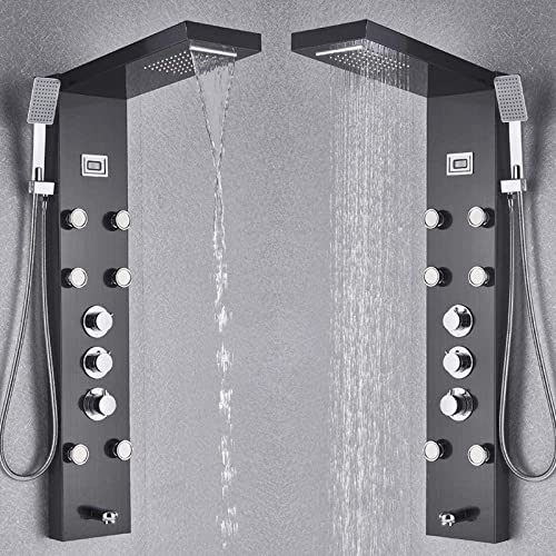 Sistema de Ducha Negro Panel de Ducha Mezclador Termostático Columna de Ducha con Jets de Masaje, Cascada y Lluvia miniatura 2