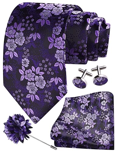 Image of GUSLESON 3.15 inch(8cm) Mens Floral Tie and Lapel Pin Necktie Hankerchief Cufflinks Set for Men