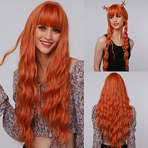 piaou 28 Inches Ginger Orange Wig with Bangs Long Water Wave Hairstyle Wigs For Women Synthetic Wigs Long Natural Wave Heat Resistant Hair Wigs for Daily Party Cosplay