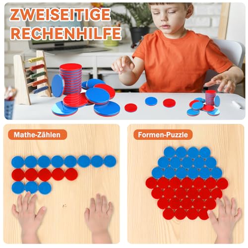 100 Stück Rechenplättchen Rot/Blau, Wendeplättchen Mathematik Lernhilfe, Plättchen Mathe - Rechenhilfe für Kinder, Rechenschieber 1. Klasse, Grundschule & Homeschooling (24x14x4mm)