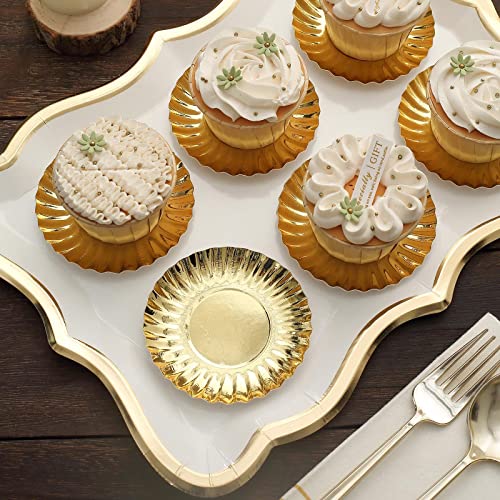 Efavormart 50 Pack | 3.5" Metallic Gold Scalloped Rim Mini Paper Dessert Plates, Disposable Round Tapas Party Plates - 250 Gsm #TOP4