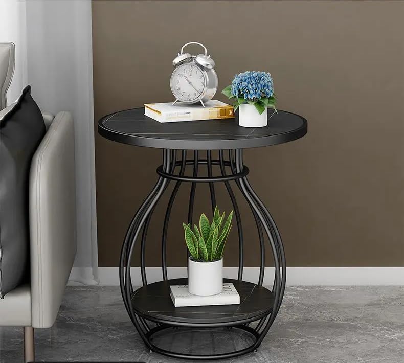 NEST NATURE HAVEN Round Bedside Sofa Corner Table with Storage Shelf Modern Coffee Table for Living Room Bedroom Apartment Nightstand Metal Frame with Wooden Tabletop (Black)