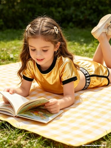 Image of Betusline Girls Summer 2 Piece Outfits,Kids Short Sleeve Crop Top & Shorts Set with Side Pockets