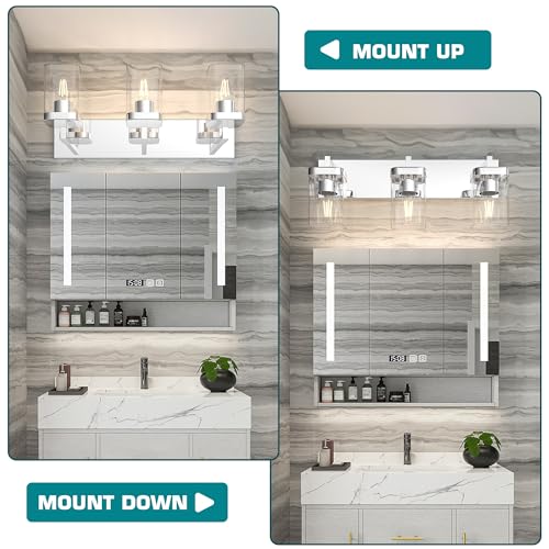 Image of Chrome Bathroom Vanity Light, Square Design 3 Lights Morden Vanity Lighting Fixtures Over Mirror, Bathroom Light Fixtures for Living Room /Bedroom