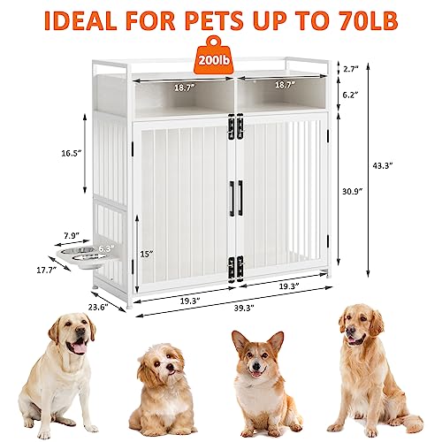 Large Dog Crate Furniture Heavy Duty Indoor Puppy Kennel With 2 Stainless Steel Bowls, End Table Dog House With Storage Shelves For Small/Medium/Large Dogs, White #TOP6