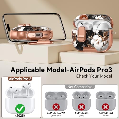 Image of for AirPod Pro 3 Case 2025, with Safty Lock & Phone Stand for Floral AirPod Pro 3 Generation Case Cover for Women Girly, iPod Pro 3 Cases with Keychain & Cleaner Kit - Black Gold Flower