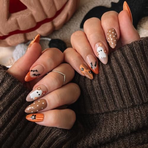 Halloween Press on Nails Medium Almond Fake Nails Cute Ghost Nail...
