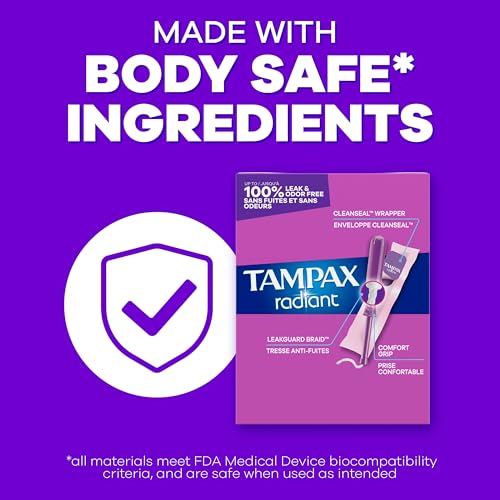 Image of Tampax Radiant Tampons for Women Multipack, with LeakGuard Braid, Regular /Super /Super Plus Absorbency, Unscented, 112 Count (4 Packs of 28), Packaging May Vary