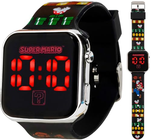 Nintendo Super Mario Kids LED Watch – Silver Plastic Case, Red LED Display, Iconic Mario Design, Durable Strap with Printed Artwork, Alloy Buckle,...