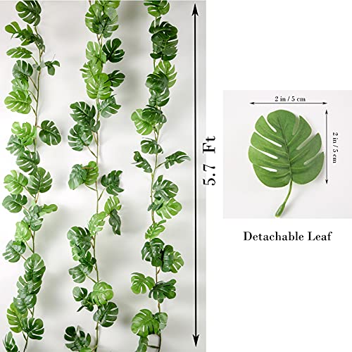 Mbket 3 Pcs 5.7Ft Artificial Monstera Leaf Vines Faux Tropical Jungle Hanging Plants Palm Safari Leaves Greenery Vines For Hawaiian Beach Party #TOP1