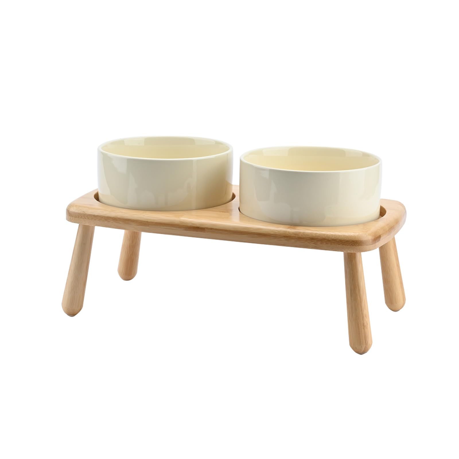 SPUNKYJUNKY Raised Dog Bowls Ceramic Dog Bowls Elevated with Non-Slip Wooden Stand Dog Food Water Bowls for Puppy Small Medium Dogs(Double 28OZ Bowls,Cream White)