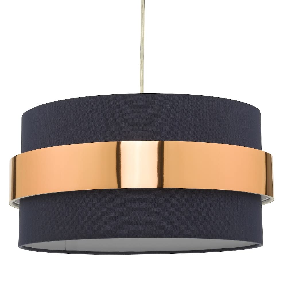 Britalia Navy Blue Cotton & Copper Metallic Band Vintage Easy Fit Drum Pendant Shade | 38Cm Diameter (15") | None Electric Ceiling Lampshade | Fits All Lampholder Types E14 E27 B15 B22