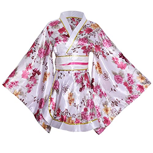 Image of HUAHUA Women's Sexy Short Kimono Dress Floral Print Japanese Traditional Geisha Robe Bathrobe Skirt Belt Outfit