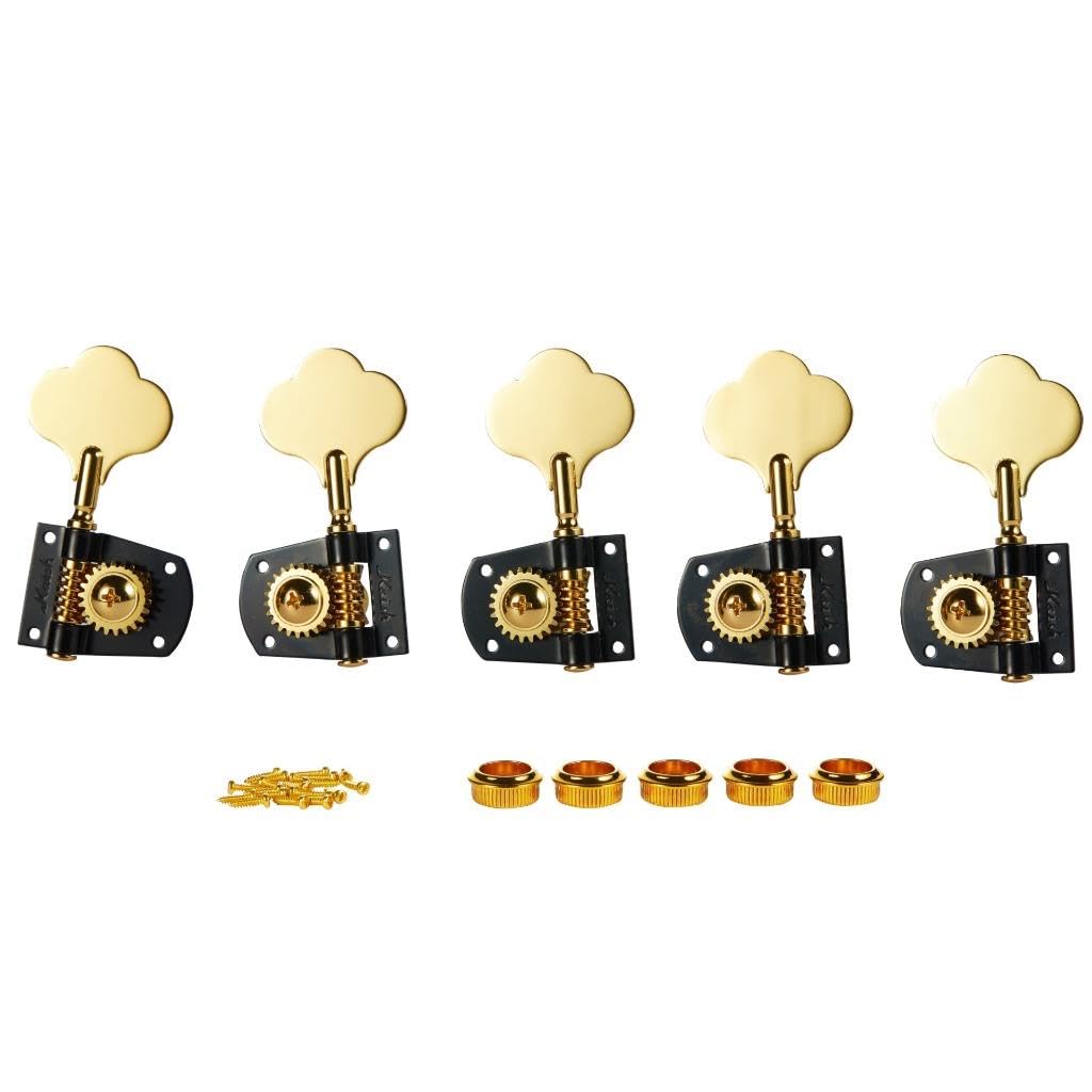 Cloverleaf Left Handed Bass Guitar Tuners Bass Tuning Machine Heads 5 String Bass Tuning Keys Pegs for American Standard/Highway One Series JB Jazz Bass/PB Precision Bass Black with Gold 4L1R