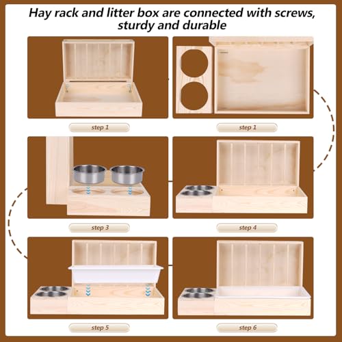 MOGOULUA 3-in-1 Kaninchen-Heu-Futterstation mit Katzentoilette, Futternäpfe für Haustiere, Holz, Heuraufe für kleine Haustiere, Kaninchen, Hamster, Meerschweinchen