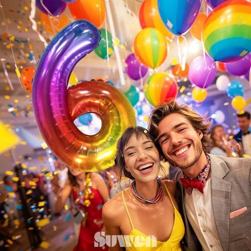 Image of SUWEN Rainbow Number 6 Balloon 40 Inch,Big Colorful Balloons 0-9 | Large Gradient Jelly 6th Helium Foil Mylar Number Multicolor Balloons for Birthday Anniversary Party Decorations