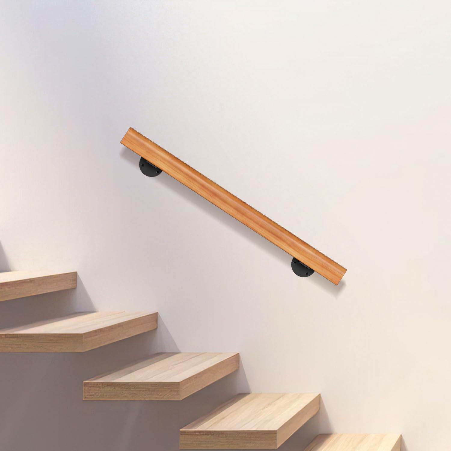 Pasamanos de madera de pino, 80 cm, pasamanos montados en la pared, madera semicircular, pasamanos de madera antideslizante con soportes de pared, material de montaje, nogal claro
