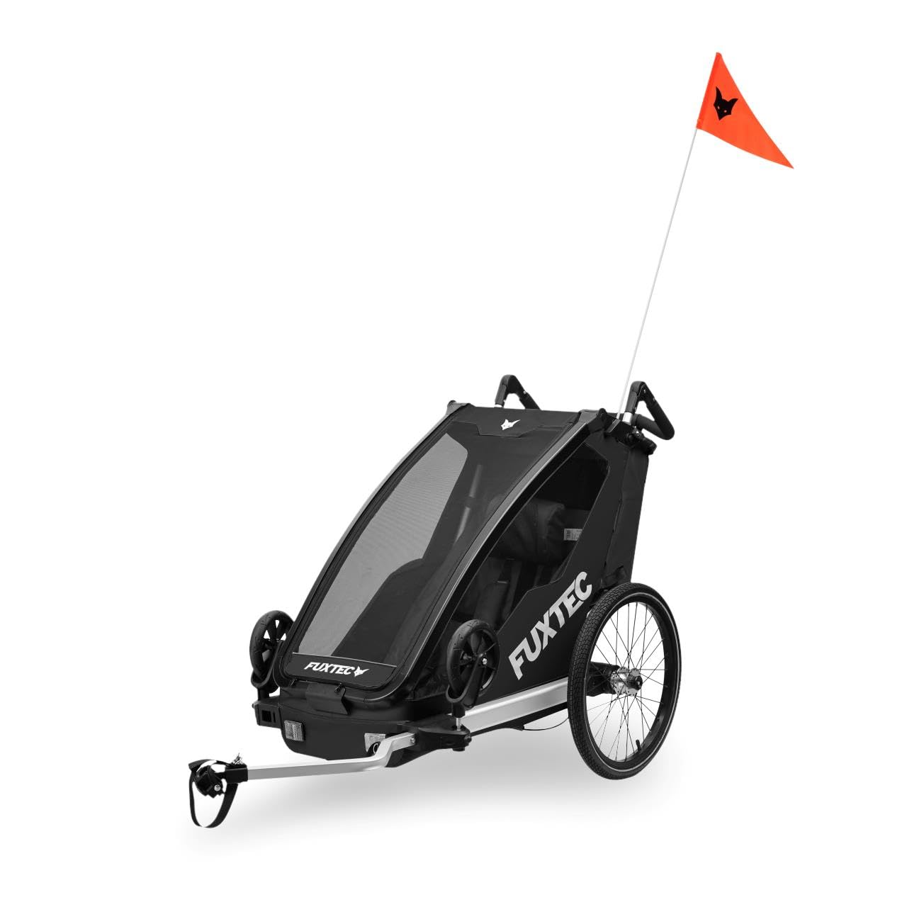 FUXTEC Remorque de vélo pour enfants FX-FA1S, monoplace pliable avec poignée de poussée et protection contre la pluie, ceinture de sécurité intégrée et bracelet de poignet, charge maximale 35kg, avec