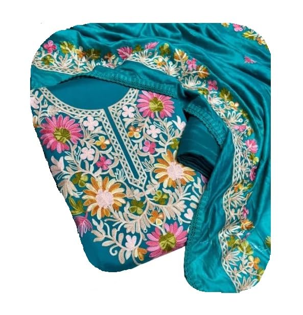 Embroidered Floral Designer Dress Material, Turquoise Blue with Multi-Color Thread Work-image-10