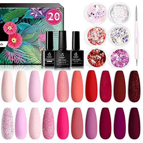 Beetles 20Pcs Gel Nail Polish Kit Valentine's Day Gift, with Top Coat and Base Gel - Pink Generation Girly Colors with 6 Glitters, Popular Nude Pink Red Nail Art Solid Shimmer Glitters Colors