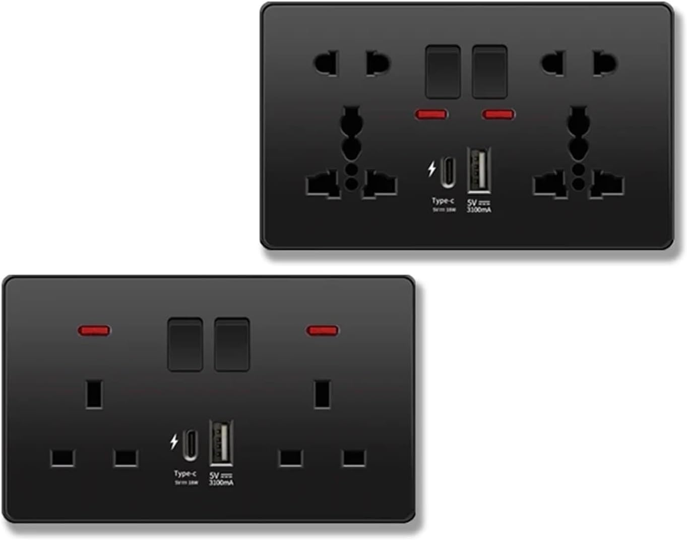 Universal 18W Fast Type C Wall 220V Power Outlet Plug,UK Black 13A Socket Switch,Electrical Wall Socket Panel with USB Charger(1gang 15A Socket)