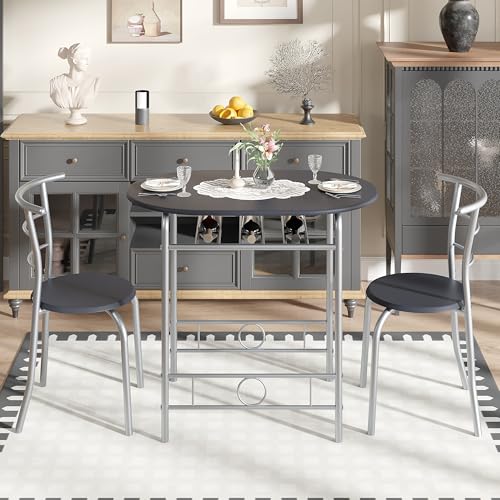 Image of VECELO 3-Piece Dining Table Set for Kitchen Breakfast Nook, Wood Grain Oval Tabletop and Metal Frame with Built-in Wine Rack, for Small Spaces, Black & Silver
