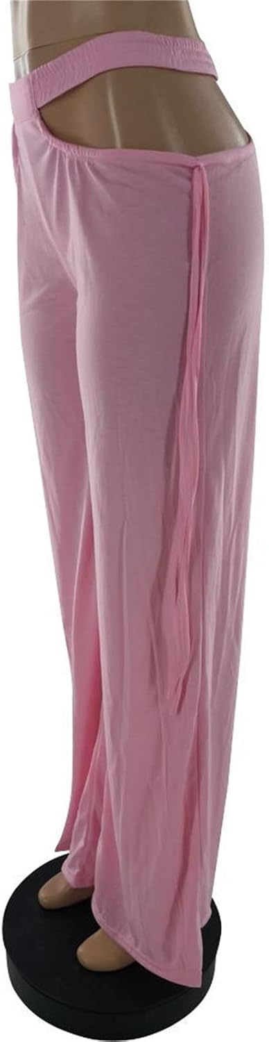 DGHM-JLMY Women's Fashion Cutout Wide Leg Pants Ladder Bootcut Textured Pants High Waist Stretch Self Tie Solid Long Pants