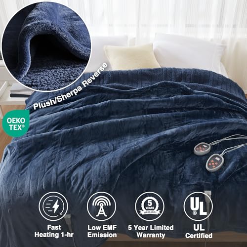 Beautyrest Heated Blanket, Electric Blanket, Soft, Warm, Reversible Plush - Sherpa Heating Blanket with 20 Heat Settings, 1-10 hrs Timer Auto Shut Off, Machine Washable, King (90 inx100 in), Indigo by Beautyrest - Image 4