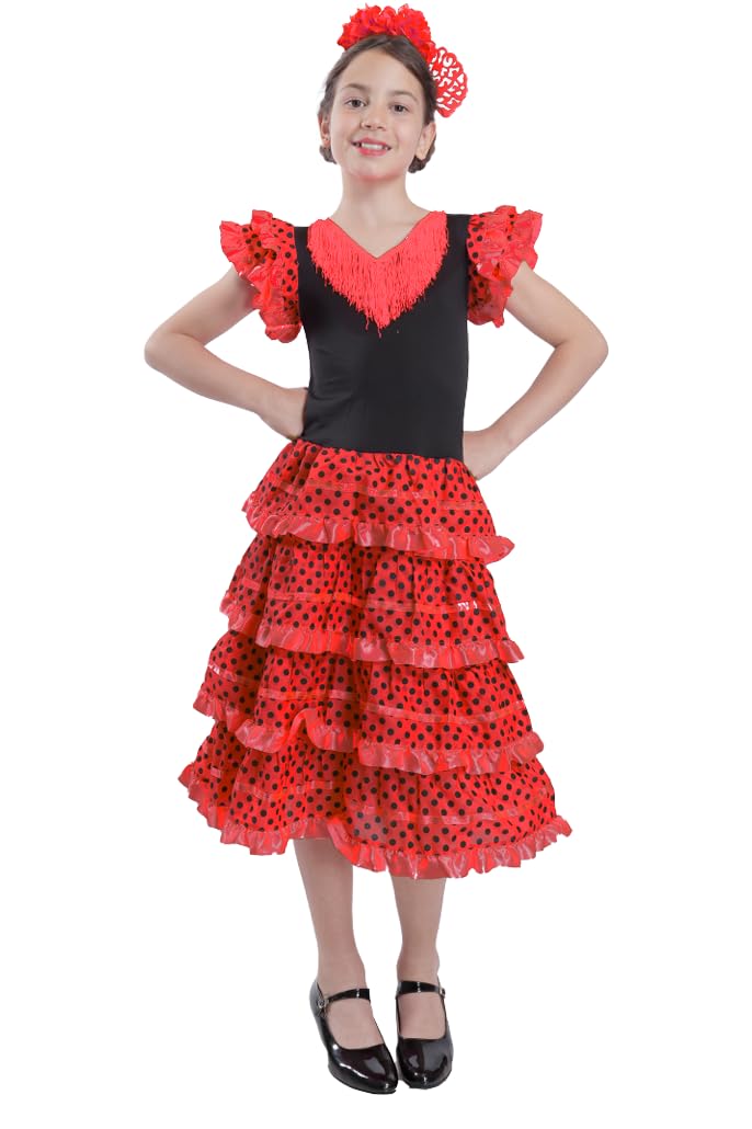 Carnavalife Vestido Flamenca Niña para Disfraz Flamenco Sevillana Bebe Niña y Chica, Trajes Flamenca Niña con Diseño de Lunares, 1-12 años