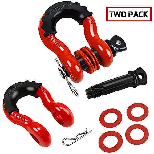 hashenta Shackles 3/4â€ Anti Loose D Ring Shackle (2 Pack) 41,887Ibs Break Strength with 7/8" Screw Pin and Shackle Isolator & Washers Kit for Tow Strap Winch Off Road Vehicle Recovery (Red&Black)