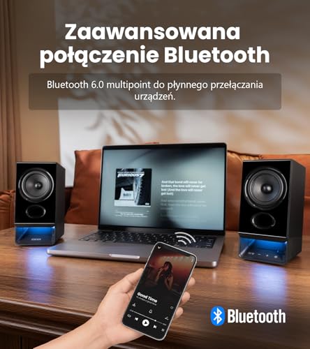 Edifier R20BT głośniki komputerowe USB, sterowniki pełnego zakresu 2,75", Bluetooth 6.0, sterowanie dotykowe, wejście AUX, oświetlenie i profile dźwięku konfigurowalne w aplikacji – Czarny