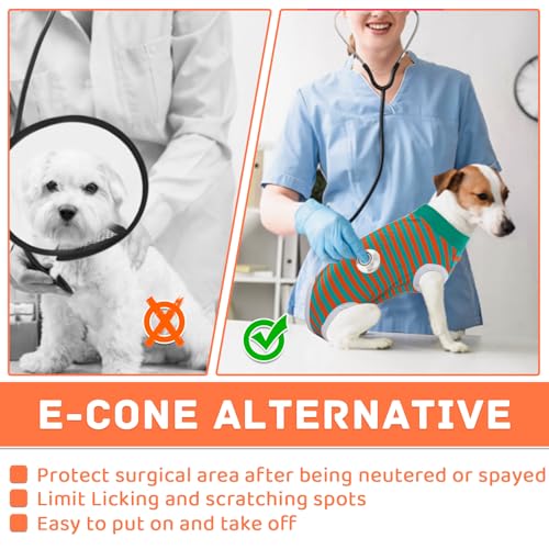 Image of BRKURLEG Small Dog Recovery Suit After Surgery, Abdominal Wound Protection, Back Zipper Spay Recovery Suit for Dogs & Cats, Soft Anti-Licking Puppy Onesie, Cone Alternative, Orange Green Stripes XXL