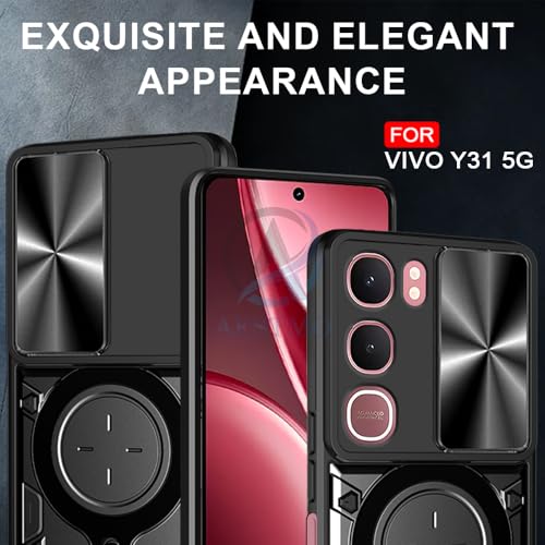Image of AESTMO Armor Vivo Y31 5G Bumper Back Case Cover | Ring Holder & CD Pattern Sliding Camera Shutter Cover | Back Case Cover for Vivo Y31 5G (Black)
