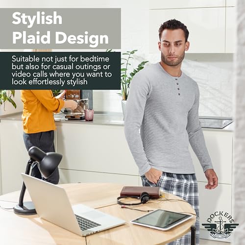 DOCKERS Men's Pajama Sets, Plaid PJ Pants for Men and Waffle Henley Long Sleeve Shirt3