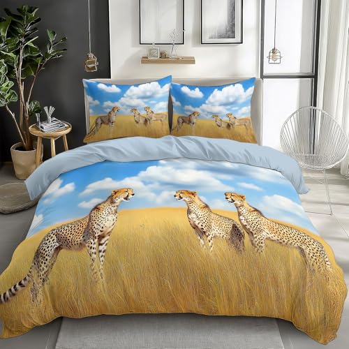 Bedding Sets African Savannah Leopard Print Duvet Cover Set, Comforter Cover 3D Duvet Cover Full Size Soft Youth Reversible 3-Piece Quilt Cover for Kids Teens