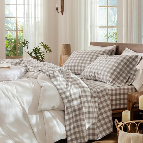 Image of MooMee Gingham Sheet Set 100% Washed Cotton Linen Like Textured Breathable Soft w /Fully Elasticized 16-19 inch Deep Pocket (Buffalo Plaid Tannish Linen Grey, Queen)