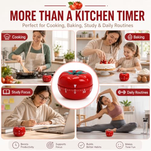 Image of Mechanical Kitchen Timer, Durable Rotary Timer with Loud Bell Alarm,Precise Time Measurement,No Battery Required,Cute Tomato Design for Kitchen,Baking,Study,Office & Daily Time Management