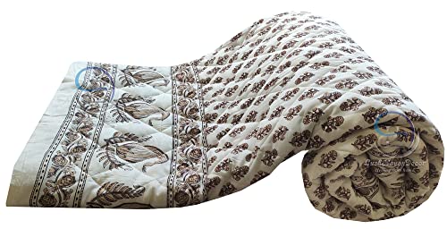 Image of Jaipuri Razai Single Bed Gold Print with Computerized Quilting Use as Soft and Breathable Cotton Comforter Quilt Rajai Blanket Dohar Size 55X85 inch Off White (Cream) Pack of 2