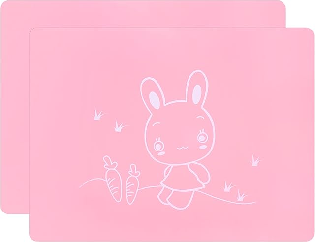 Silicone Placemats for Kids,2pcs Table Mat,Non Slip, Heat Resistant, Nonstick Pastry Mats Countertop Worktops Protection,Dishwasher Safe,Toddlers Portable Food Mat,40 x 30 cm -Bunny Pink