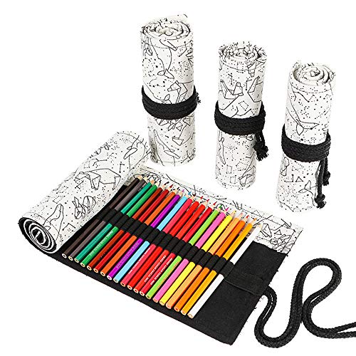 Image of Funny live 24 /36 /48 /72 Slots Colored Pencil Wrap Roll up Pen Holder Case Drawing Coloring Pencil Roll Organizer Stationery Case for Student Artist Traveler (Abstract Lines, 72 Slots)