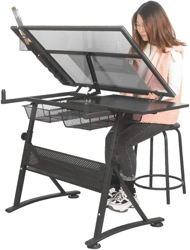 Height Adjustable Drawing Desk, Tiltable Craft Table with Storage, Large Art Desk, for Home Office Drafting Table