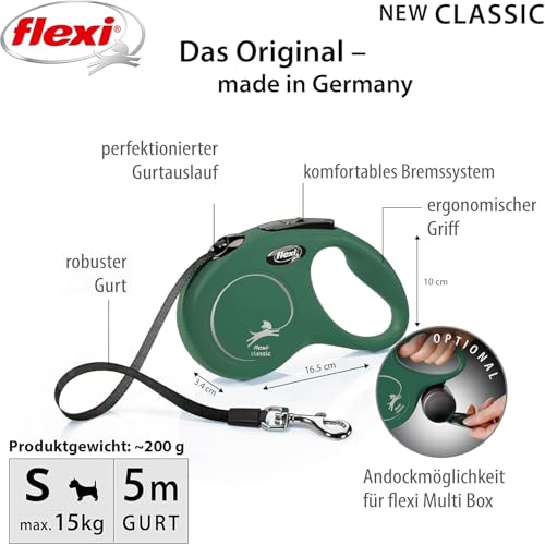 flexi® Classic S | 5m Gurt Roll-Leine für kleine Hunde bis 15 kg | Olivgrün | ausziehbare Hundeleine | Gewicht 200.1 gr | Maße 10 x 16.5 cm