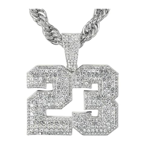 Techno Pave Men's Iced-Out Basketball Pendant with Rope Chain – Sports-Inspired Hip-Hop Necklace - Silver Finish - Number 23 Pendant & 5mm Rope Chain Cover
