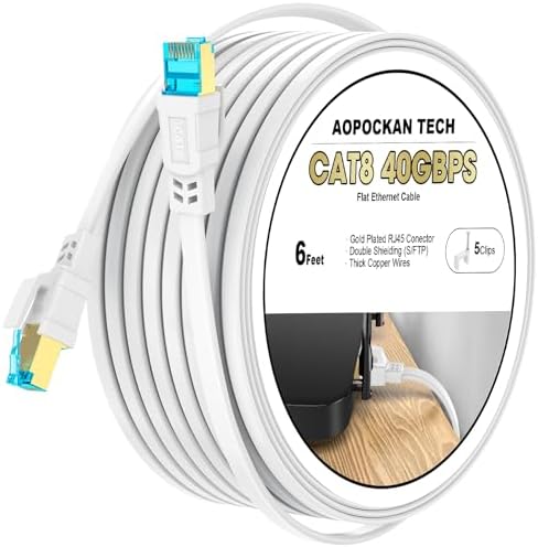 Cat 8 Ethernet Cable 6 ft, Shielded Flat RJ45 Network LAN Cable